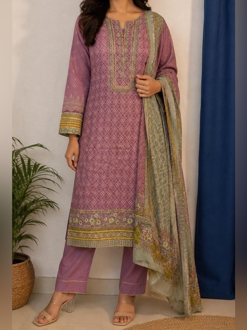 Zeen Mauve Printed Embroidered Salwar Kameez with Contrasting Dupatta